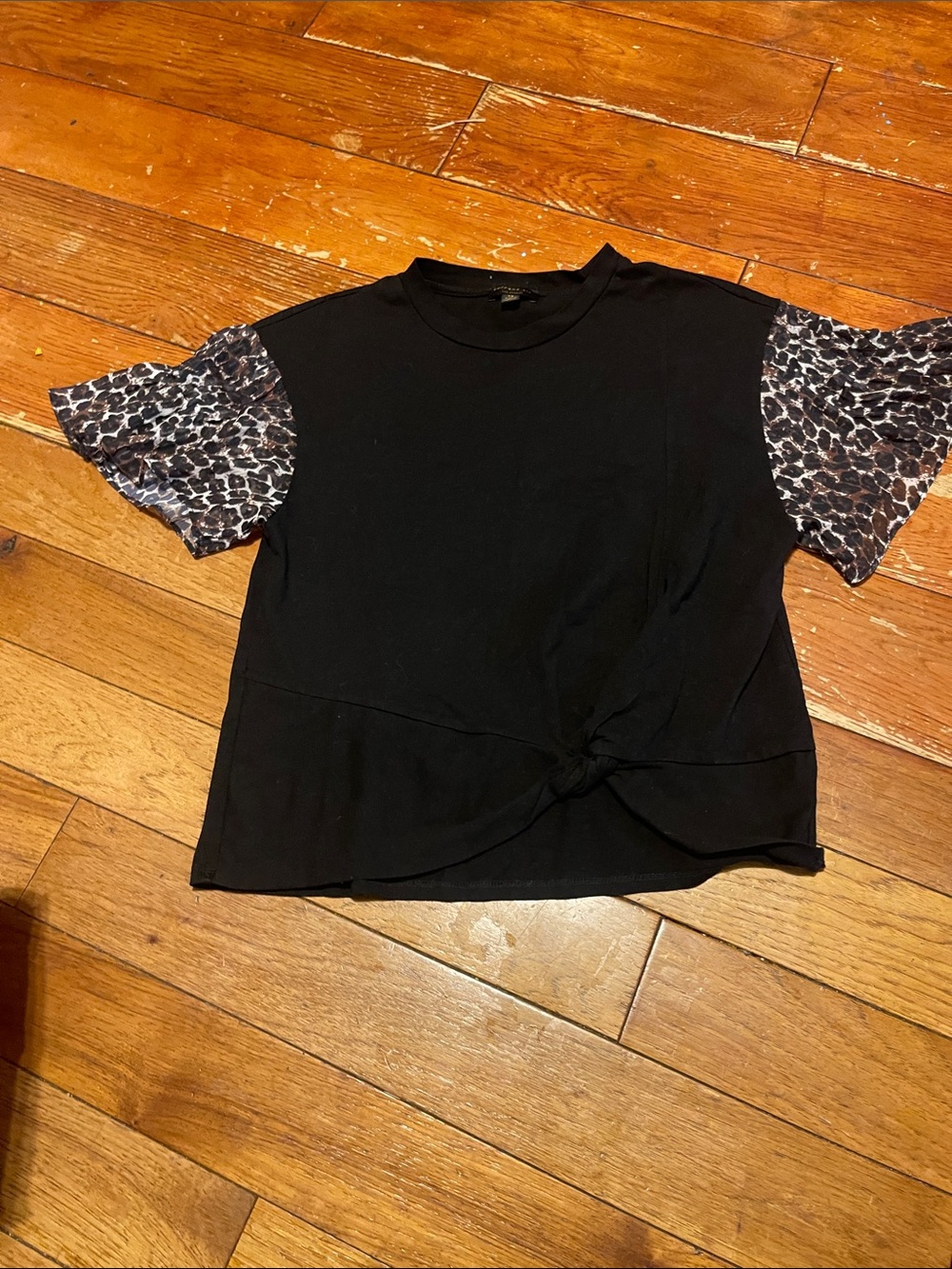 Current air Black Knot-Front Tee with Animal Print Sleeves - Women's Top
